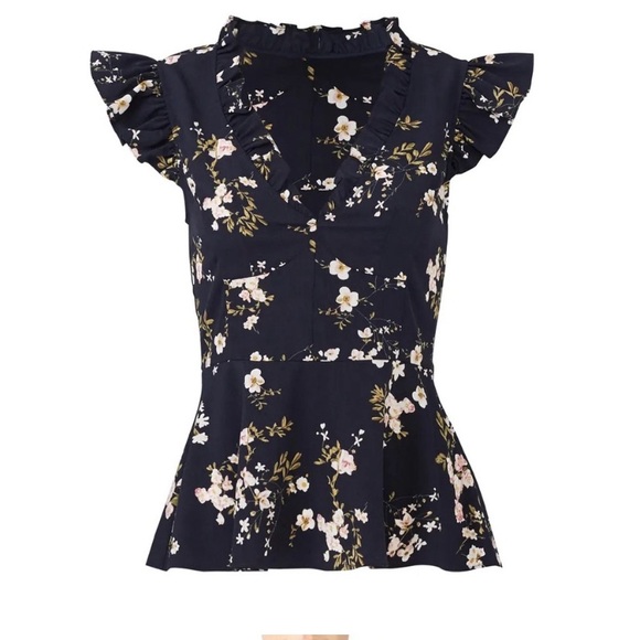 Tome NYC Lilian Navy Floral Flutter Sleeve V Neck Top Blouse - Picture 1 of 9